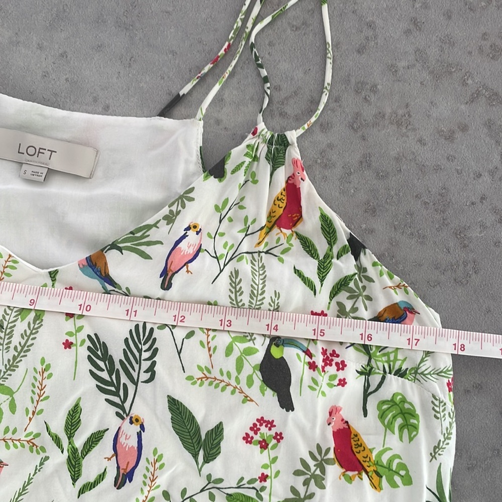 LOFT Jungle Birds Tropical Print Ruffle Double Strap Lined Dress Cover Up size S - Picture 10 of 11